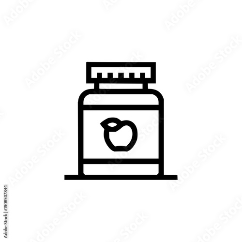 Simple line art icon of a medicine bottle with an apple symbol on it