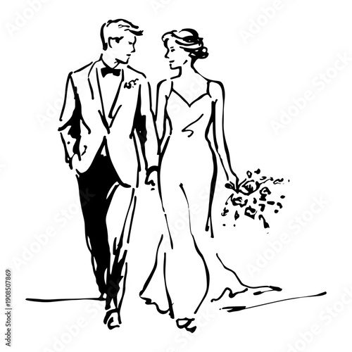 Happy bride and groom walking together looking at each other holding bouquet Hand drawn sketch style vector illustration