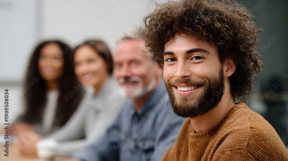 Obraz premium A diverse group of professionals smiles positively during a collaborative meeting in a modern office setting