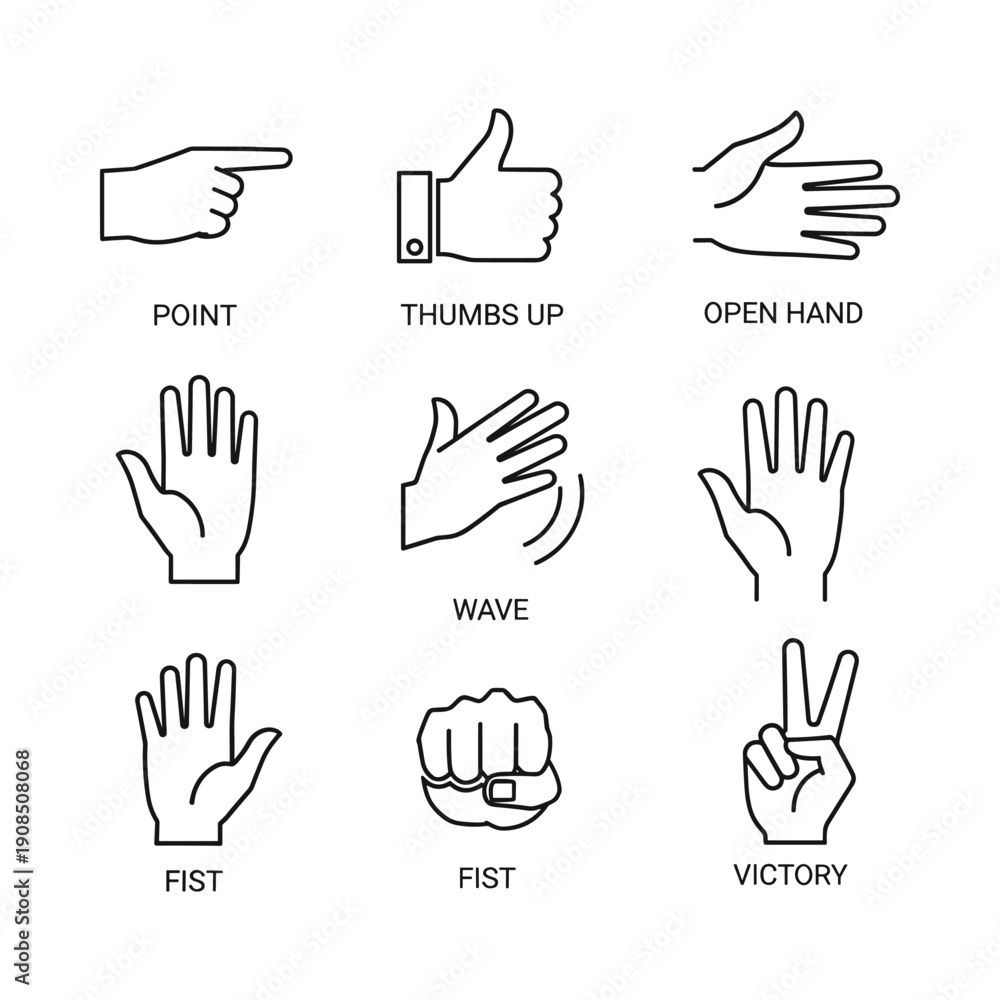 Fototapeta premium Hand gestures set. Simple flat monochrome vector illustration isolated on white background.