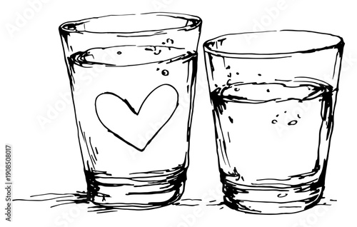 Two drinking glasses with water and heart shape hand drawn vector illustration sketch concept of romantic date