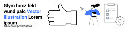Productivity, workflow, organization, quality control, task management, efficiency. Large thumb up symbol, woman holding clipboard checklist gear icon. Productivity and workflow