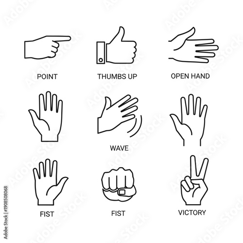 Hand gestures set. Simple flat monochrome vector illustration isolated on white background.