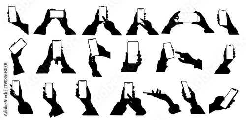 Flat monochrome vector illustrations of male and female hands holding smartphones, fingers touching and scrolling on empty screens. Isolated on transparent background.