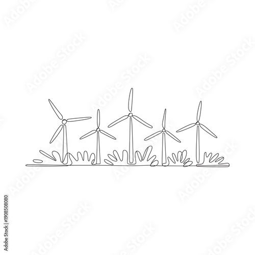 A simple line drawing depicts a field of wind turbines against a plain background
