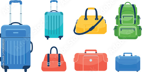Travel Luggage and Bag Set with Suitcases, Backpacks, Duffel Bags, Handbags, and Carry On Baggage for Trip and Vacation Vector Illustration
