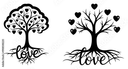 Tree of love concept with roots forming word love and heart shaped leaves Black silhouette icon vector illustration