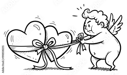 Funny cartoon cupid character tying two hearts together with ribbon Hand drawn sketch doodle style vector illustration