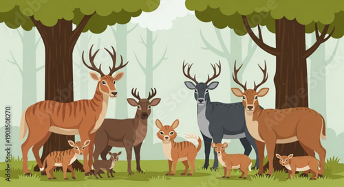 Wild deer and fawns gather in forest with trees wildlife scene