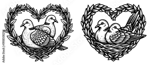 Two turtle doves sitting in a heart shaped floral wreath nest vintage engraving style vector illustration symbol of love