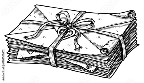 Stack of old love letters and envelopes tied with ribbon and heart tag Vintage woodcut engraving style vector illustration