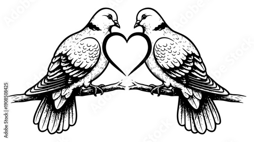 Two loving doves sitting on tree branch with heart shape between them Vintage woodcut engraving style vector illustration