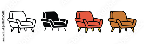 Comfortable armchair furniture and home interior design icon vector. Modern upholstered chair and living room seating symbol set. Vector illustration.