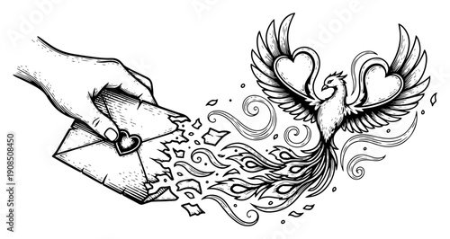 Phoenix bird rising from a burning love letter held by hand vintage engraving style vector illustration concept of rebirth
