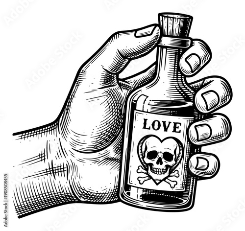 Hand holding a glass bottle of poison or love potion with skull and crossbones vintage engraving style vector illustration