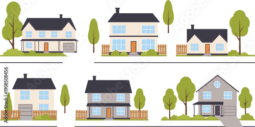 Modern Suburban House Exterior Illustration Set Featuring Family Homes, Trees, Fences, Lawns, and Residential Neighborhood Scenes