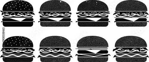Vector set of black silhouette hamburger and cheeseburger icons featuring sesame buns and lettuce layers isolated on white background for fast food menu design
