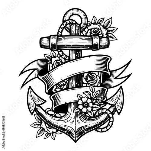 Vintage nautical anchor with ribbon and roses hand drawn vector illustration in old school tattoo engraving style