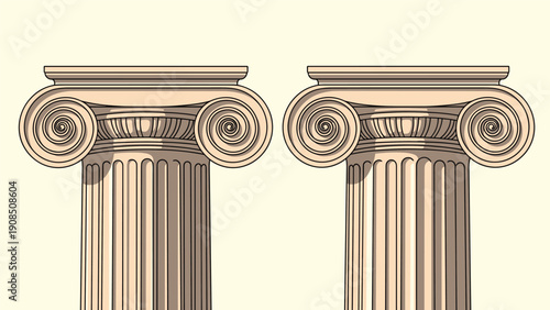 Illustration of two classical Ionic order columns, showcasing their distinctive volute capitals and fluted shafts.