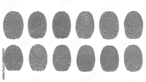 Set of twelve unique human fingerprints, presented in black on a white background, displaying various intricate ridge patterns and swirls.