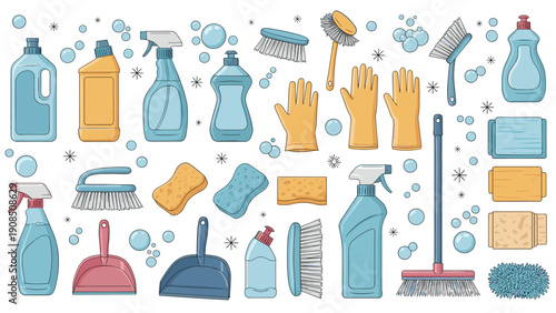 Comprehensive assortment of cleaning supplies and tools, including various detergent bottles, spray cleaners, brushes, sponges, rubber gloves.