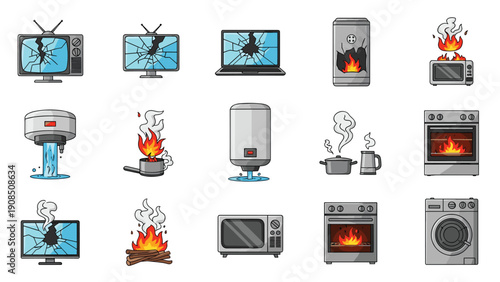 Set of various broken and burning home appliances, including cracked TVs, laptops, overflowing water heaters, and ovens on fire.