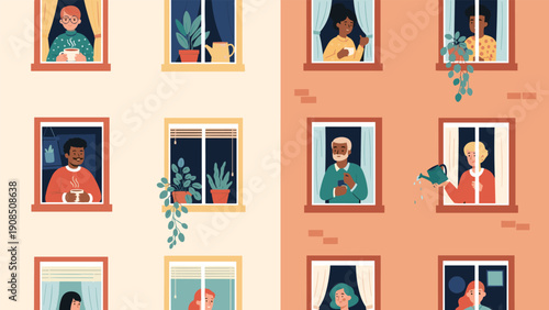 Apartment building facade with various people visible through their windows, engaging in daily activities like drinking coffee, watering plants, or looking out, depicting urban life.