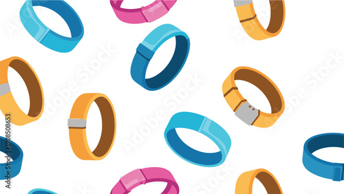 Seamless pattern featuring a repetition of various colorful fitness tracker wristbands, designed to monitor physical activity and health.