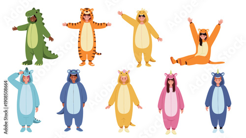 Group of children happily wearing various animal pajamas or kigurumi, including dinosaurs, tigers, unicorns, and other cute creatures, depicting playful and comfortable loungewear.