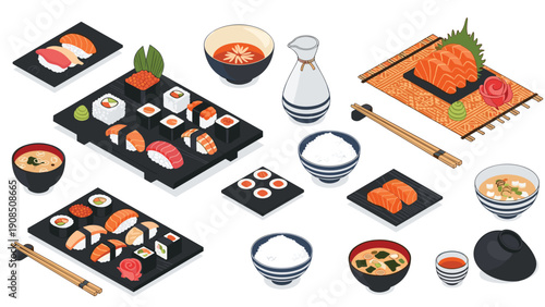 Isometric set of traditional Japanese sushi and sashimi, including various rolls, nigiri, and fresh salmon slices, alongside miso soup, chopsticks, and rice bowls, for a culinary experience.