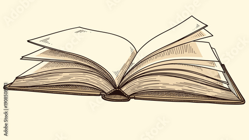Detailed vintage-style illustration of an open book with many pages, depicting a classic aesthetic suitable for concepts of education, literature, knowledge, and storytelling.