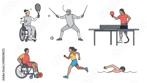 Diverse group of para-athletes engaging in various sports, including wheelchair tennis, fencing, table tennis with a prosthetic leg.