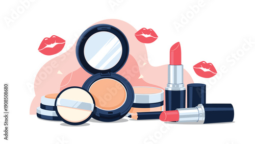 Collection of makeup cosmetics, including powder compacts with mirrors, various lipsticks, and a brush, along with decorative kiss marks, representing beauty, glamour, and self-care.