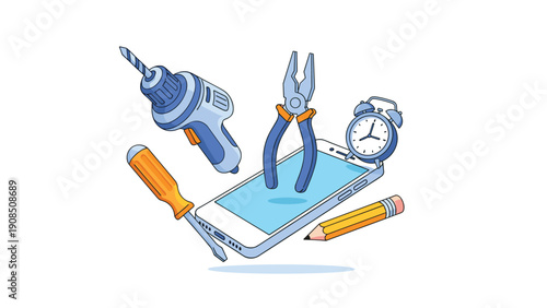 Dynamic arrangement of smartphone repair tools, including a drill, pliers, screwdriver, and pencil, hovering around a floating smartphone.