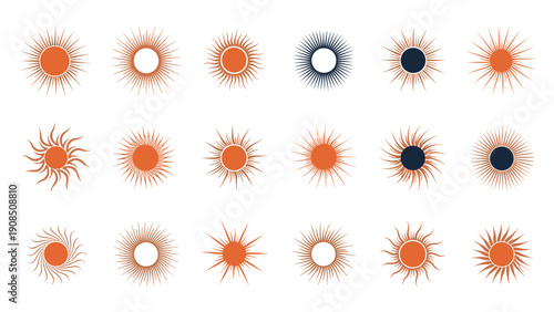 Diverse collection of sun icons and symbols, featuring mystical, astrological, and celestial designs with rays and circles, representing light, energy, spirituality, and cosmic themes.