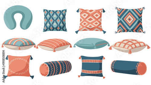 Diverse collection of decorative pillows, including neck pillows, square cushions, and bolster pillows, featuring various geometric patterns and tassels, enhancing home comfort and style.
