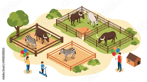 Detailed isometric illustration of a zoo or animal park, showcasing fenced enclosures with zebras and bulls, visitors with balloons, and a small animal house, for family fun.