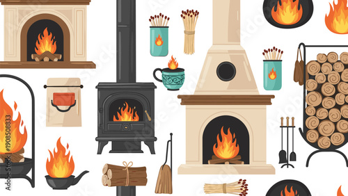 Seamless pattern featuring various types of fireplaces, including traditional and modern designs, along with firewood logs, matches, and fire tools, for warmth and comfort.