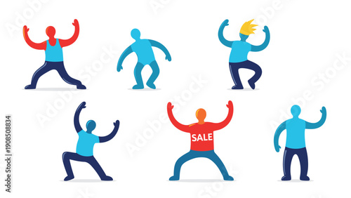 Collection of abstract human figures in various dancing poses, rendered in bright colors, symbolizing energy, celebration, movement, and joyful expression, with one marked "SALE".