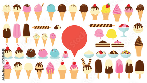 Extensive collection of various ice cream, desserts, and lollipops, including cones, popsicles, sundaes, and wafers, with a speech bubble, perfect for a sweet treat menu or design.