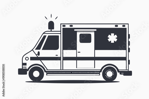 Stylized ambulance van with bold black outlines speeds to the rescue call today