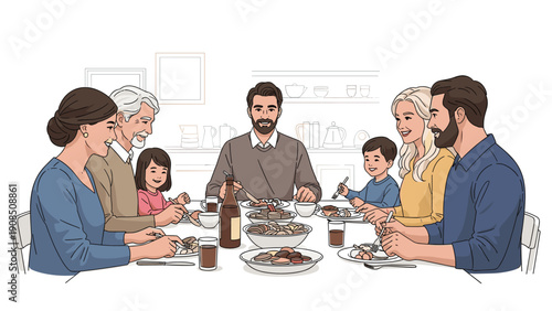 Happy multi-generational family enjoying a festive dinner together at a large table, laughing and conversing, symbolizing family bonding, celebration, and shared meals.