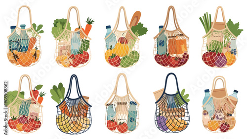 Collection of various reusable mesh grocery bags, brimming with fresh fruits, vegetables, and other supermarket products, advocating for eco-friendly shopping and sustainable living.