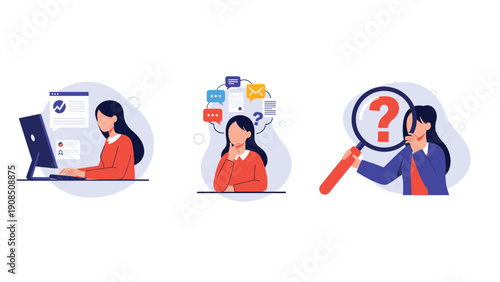 Three illustrations of a woman engaging in problem-solving and information processing, showing her working on a computer, pondering ideas, and searching with a magnifying glass.
