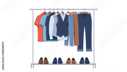 Organized display of men's clothing and shoes on a rack, including shirts, vests, trousers, and various pairs of dress shoes, showcasing a curated wardrobe for men.