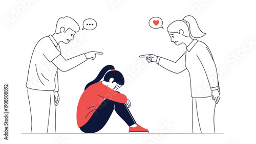 Emotional illustration depicting two adults, likely parents, arguing with a sad and distressed child, symbolizing family conflict, misunderstanding, or a difficult emotional situation.