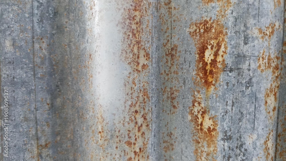 Fototapeta premium Rust Patterns on Galvanized Metal Wall Texture. Galvanized metal wall with scattered rust patches forming abstract industrial grunge texture