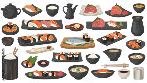 Extensive collection of traditional Japanese sushi and sashimi dishes, along with essential serving ware and condiments.