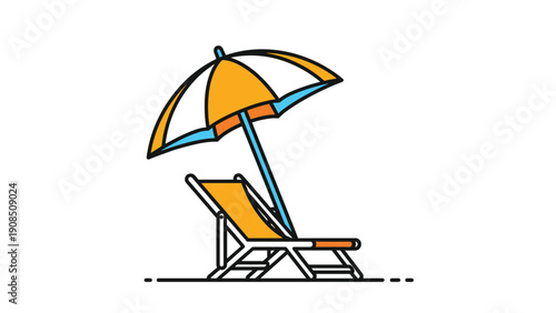 Simple illustration of a comfortable beach chair with an open umbrella, symbolizing relaxation and vacation on a white background.