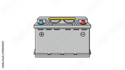 Detailed illustration of a car battery, highlighting its terminals and robust design for automotive power supply on a white background.
